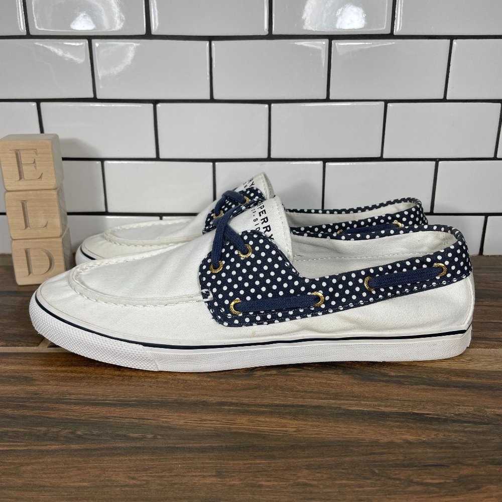 Sperry Top Sider Women's Size 11 Boat Shoes White Blue Polka Dots Moc Toe Flats